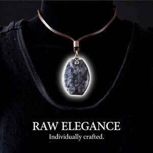 Minimalist Larvikite Pendant on Rawhide Leather Cord - Unisex - Black & Grey